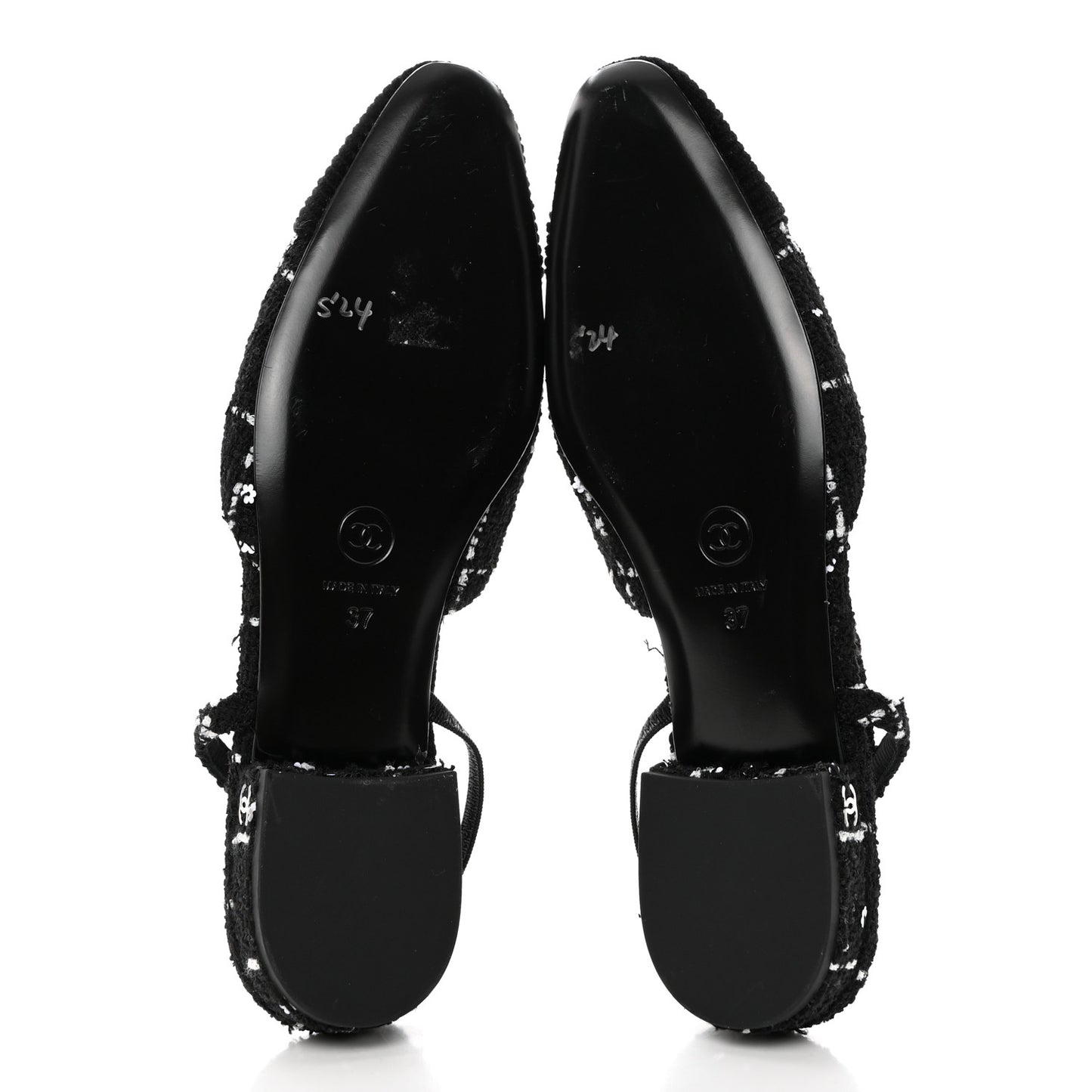 Tweed Sequins Corduroy Cap Toe CC Slingback Flats 37 Black White
