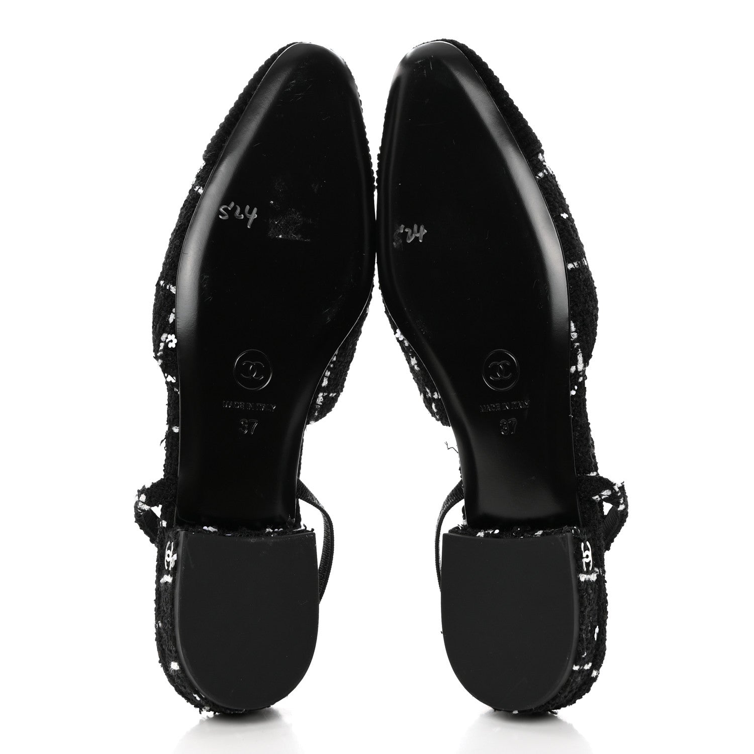 Chanel Tweed Sequins Corduroy Cap Toe CC Slingback Flats 37 Black White 5 of 10