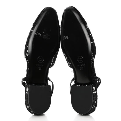 Chanel Tweed Sequins Corduroy Cap Toe CC Slingback Flats 37 Black White 5 of 10