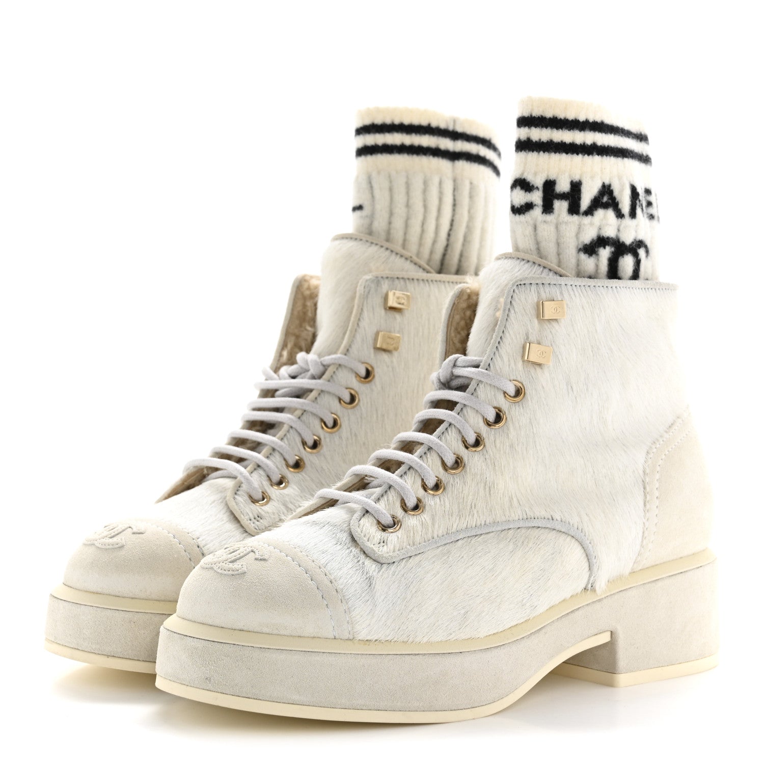Chanel Suede Pony Hair Shearling Lace Up Combat Boots 36.5 White 4 of 9