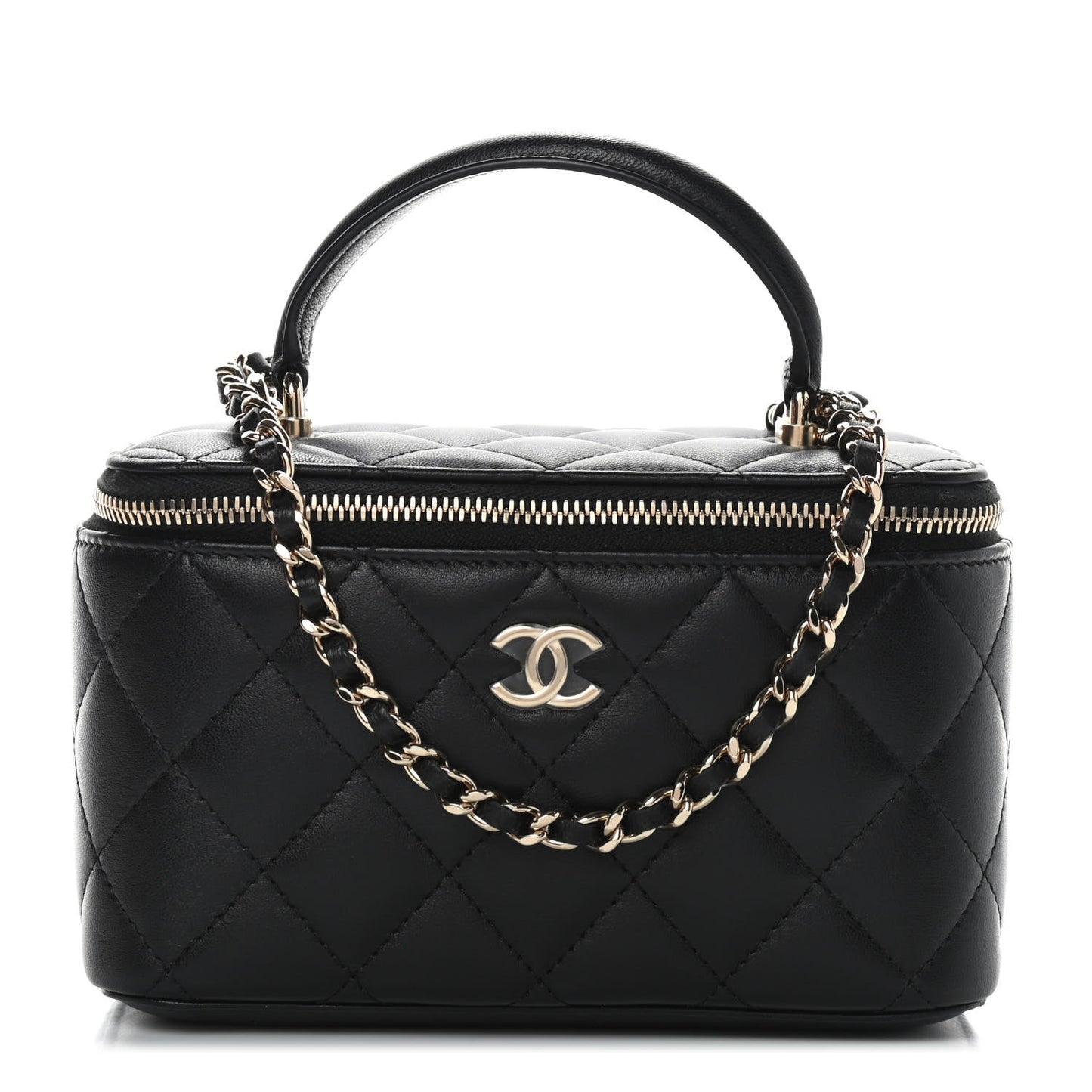 Lambskin Quilted Small Top Handle Vanity Case With Chain Black