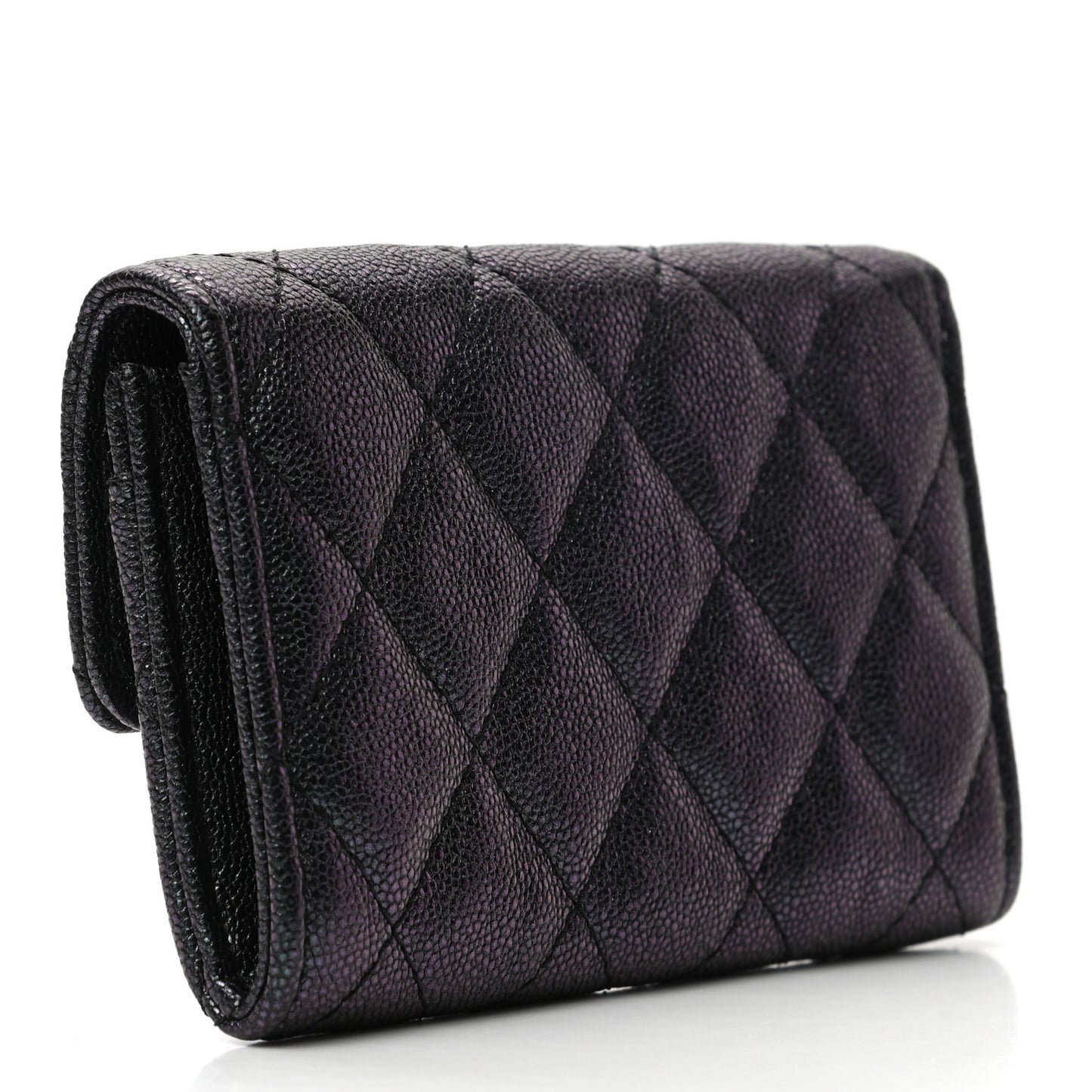 Iridescent Caviar Quilted Flap Card Holder Wallet Black