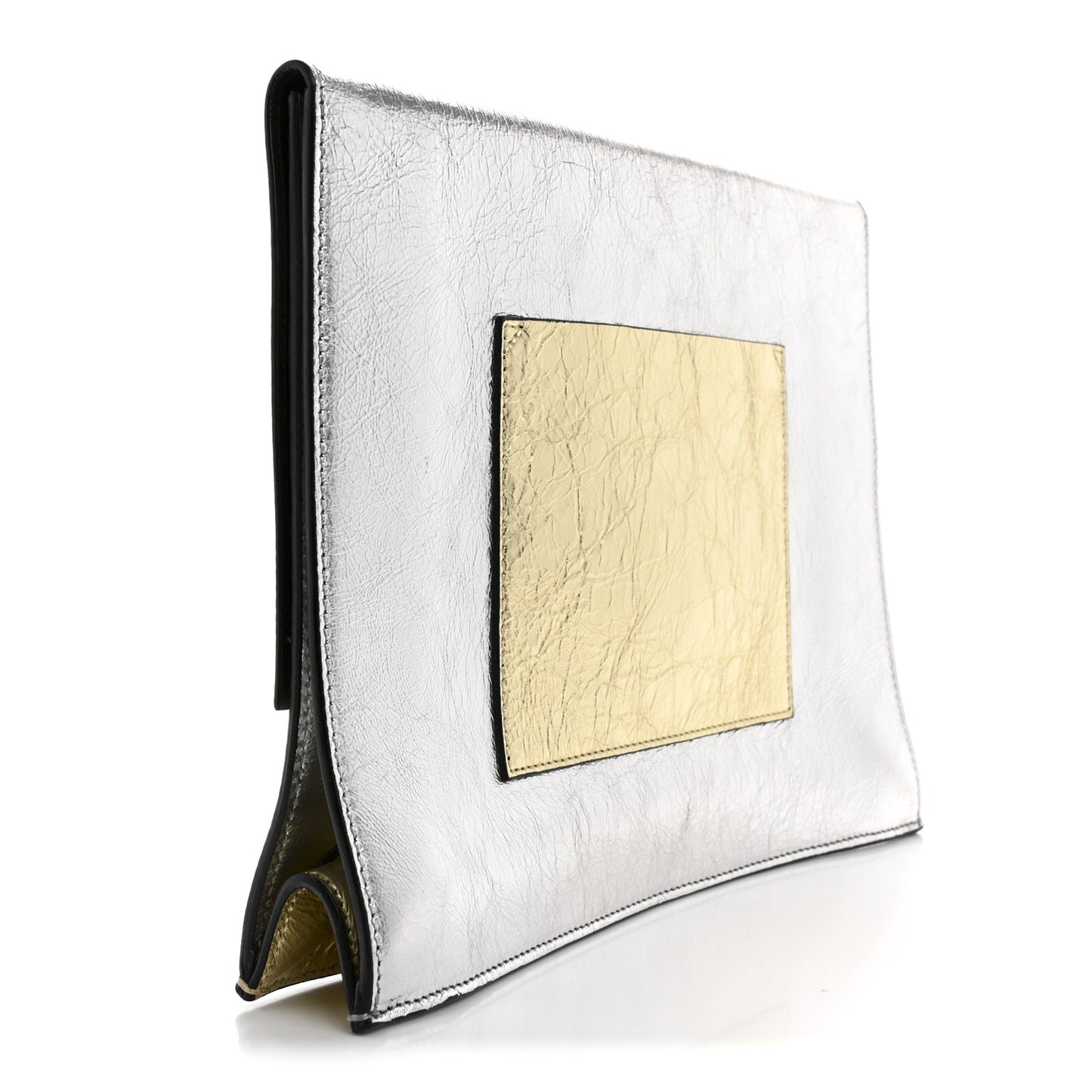 Metallic Lambskin Large Lunch Bag Clutch Silver Gold