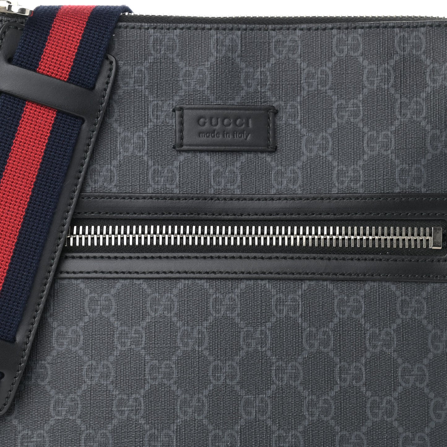 GG Supreme Monogram Appia Calfskin Web Flat Messenger Bag Black Grey