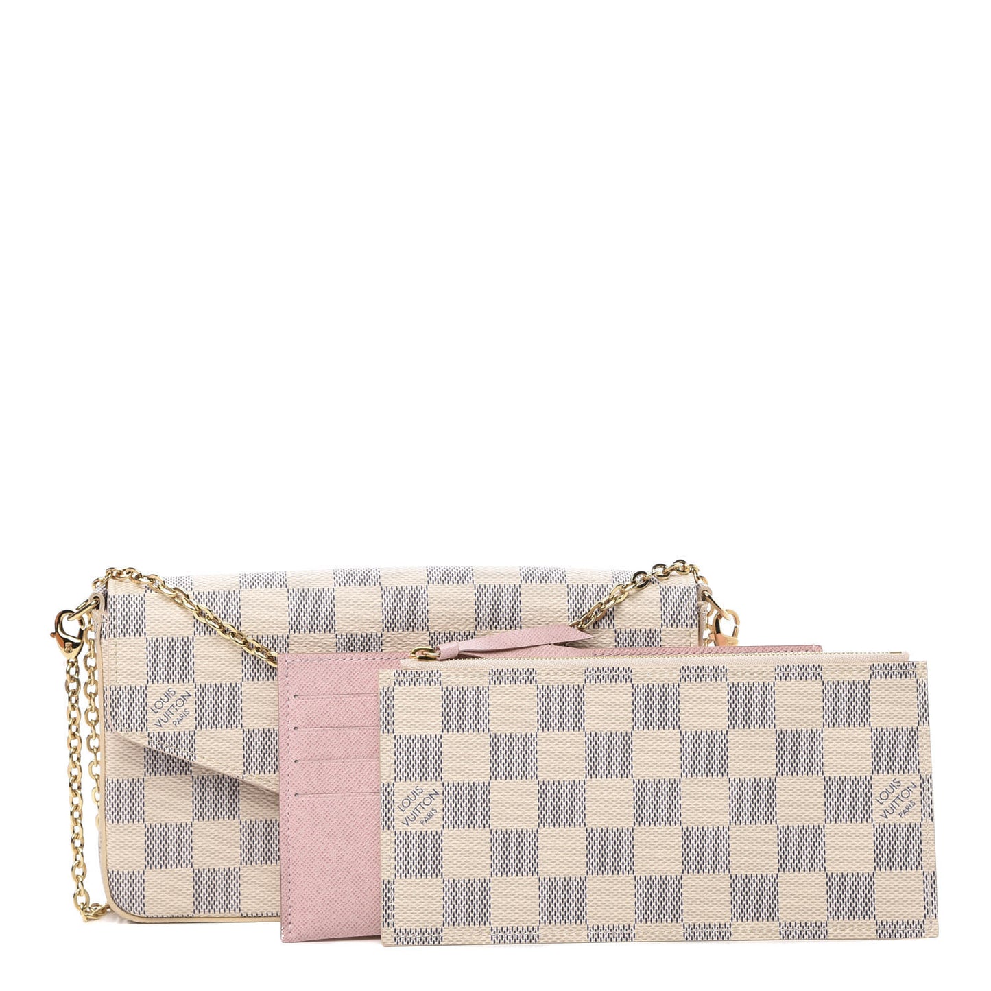 Damier Azur Pochette Felicie Chain Wallet Rose Ballerine