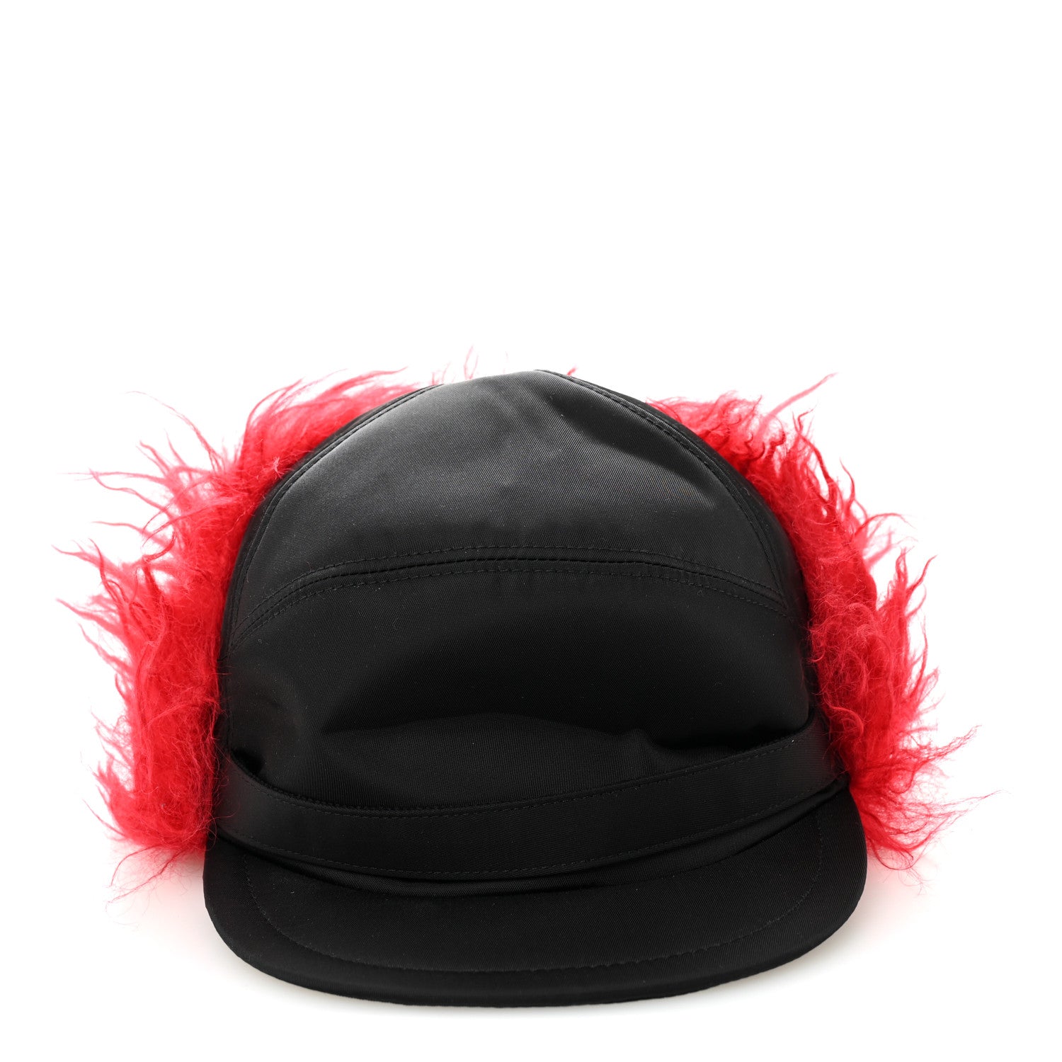 Prada Re-Nylon Curly Faux Fur Mens Ear Flap Baseball Hat L Black Cerise 4 of 7