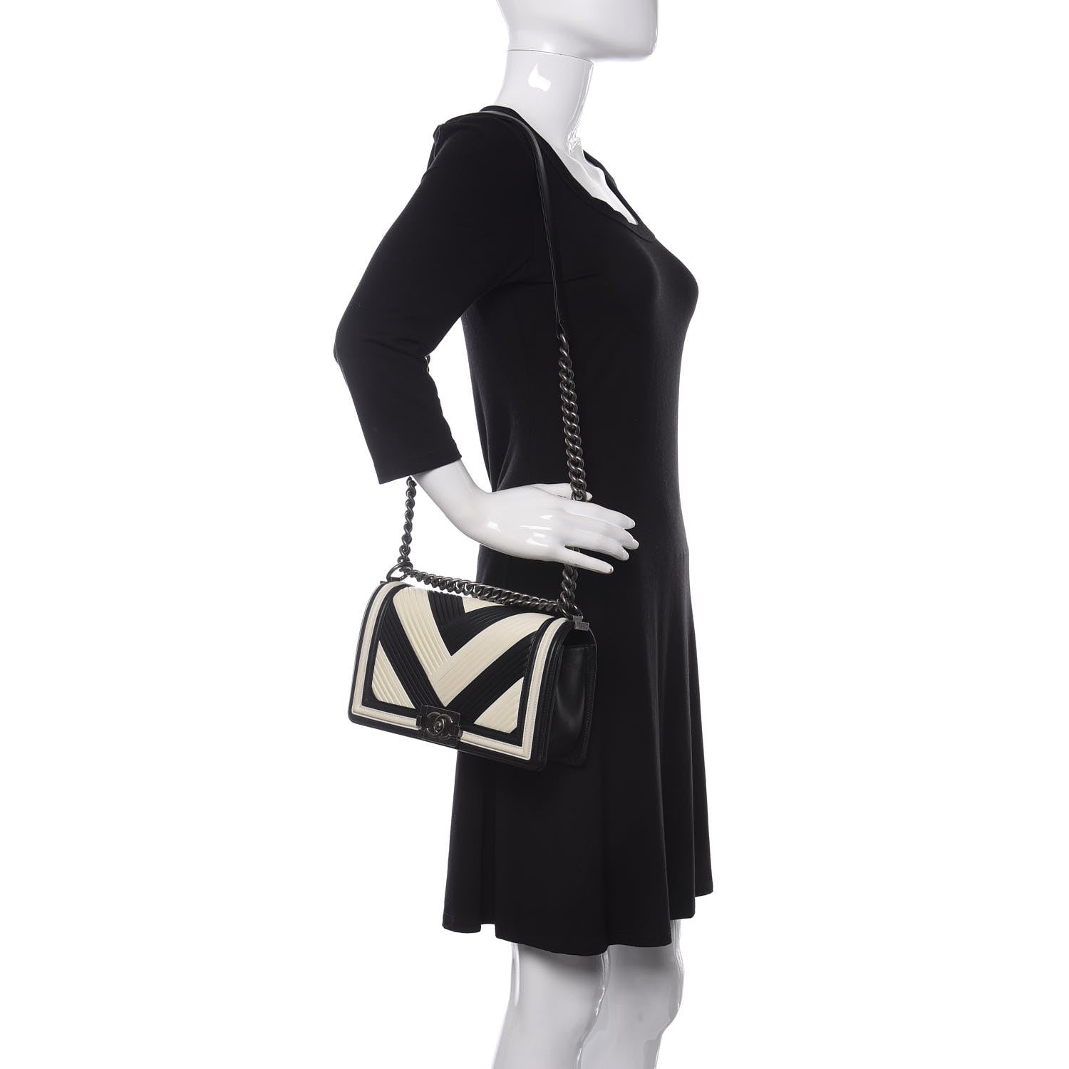 Chanel Calfskin Pleated Medium Boy In Rome Flap Black White 2 of 11