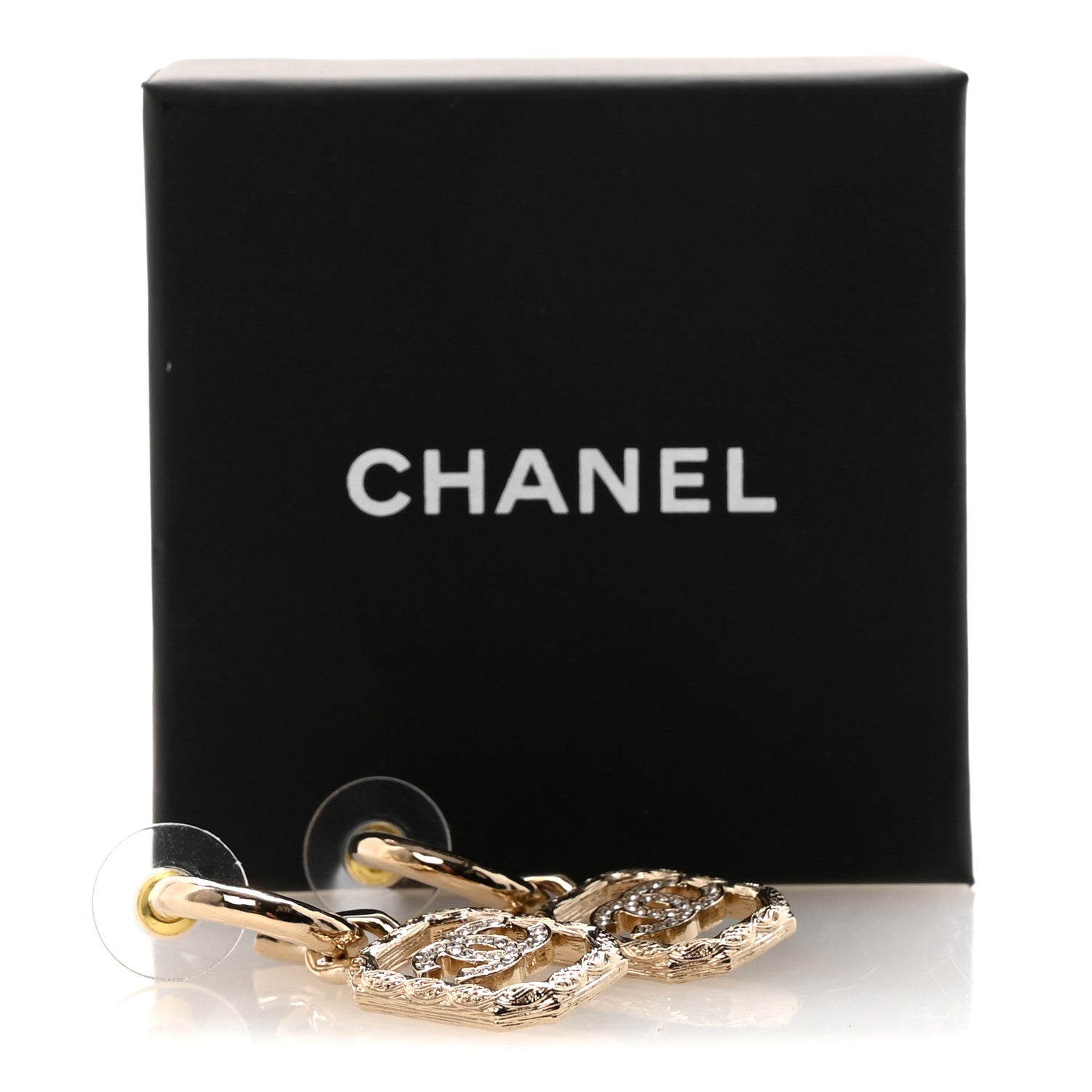 Chanel Metal Crystal Square CC Hoop Drop Earrings Gold 5 of 5