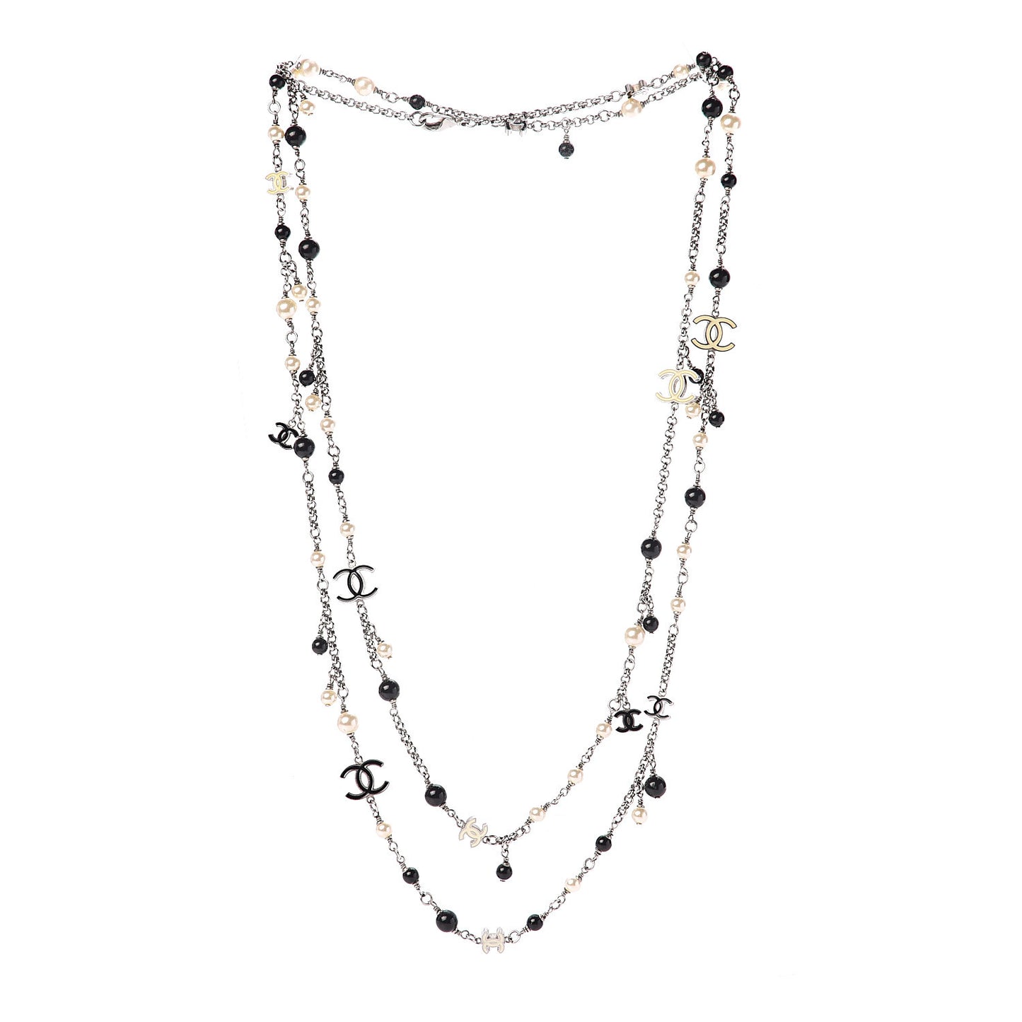 Pearl Bead Enamel CC Long Necklace Black Silver