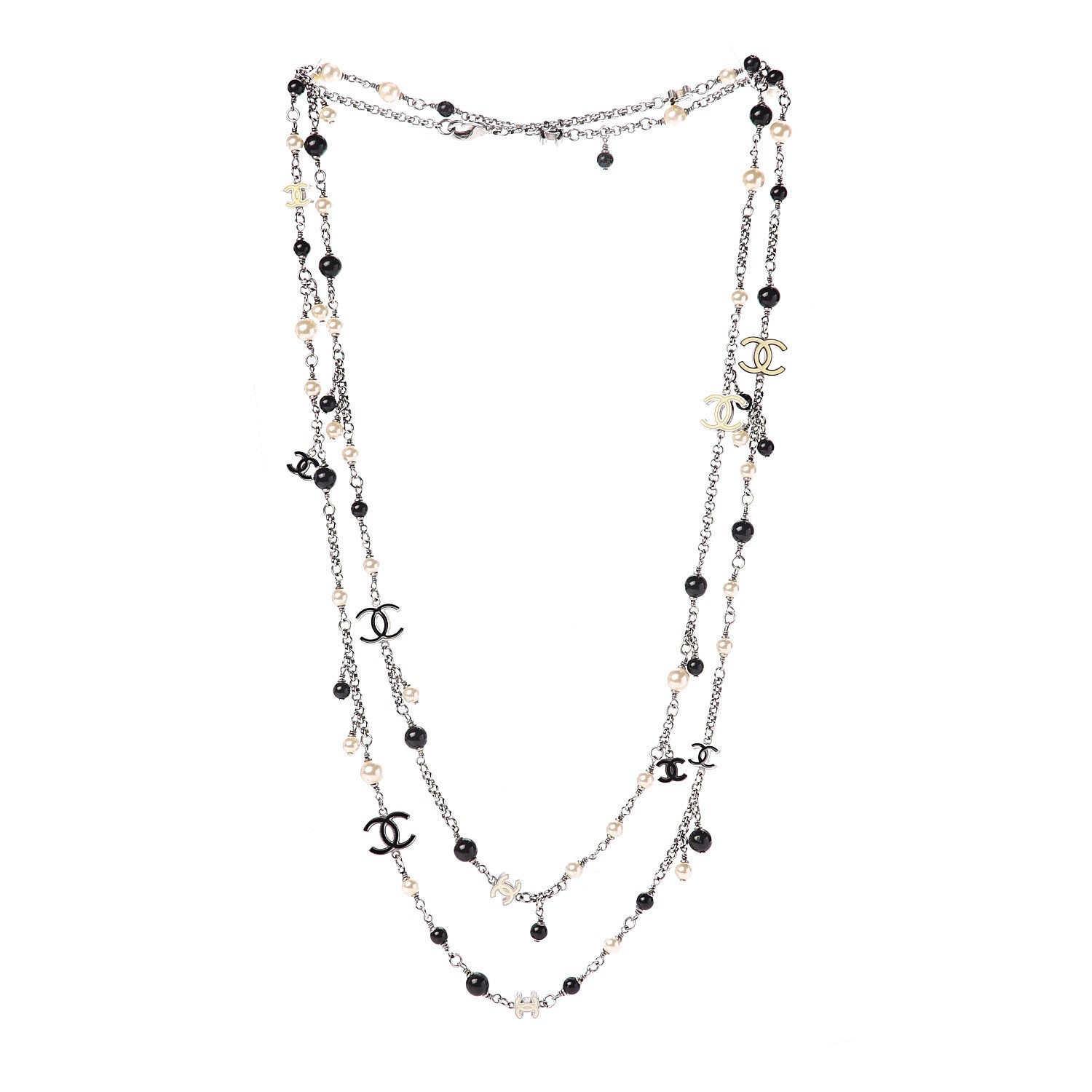 Chanel Pearl Bead Enamel CC Long Necklace Black Silver 3 of 4