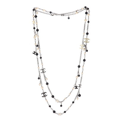 Chanel Pearl Bead Enamel CC Long Necklace Black Silver 3 of 4