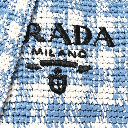 Prada Yarn Raffia Effect Crochet Embroidered Logo Tote Messenger Bag Celeste 7 of 9
