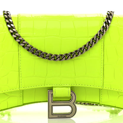 Balenciaga Shiny Calfskin Crocodile Embossed Hourglass Chain Bag Fluo Yellow 7 of 10