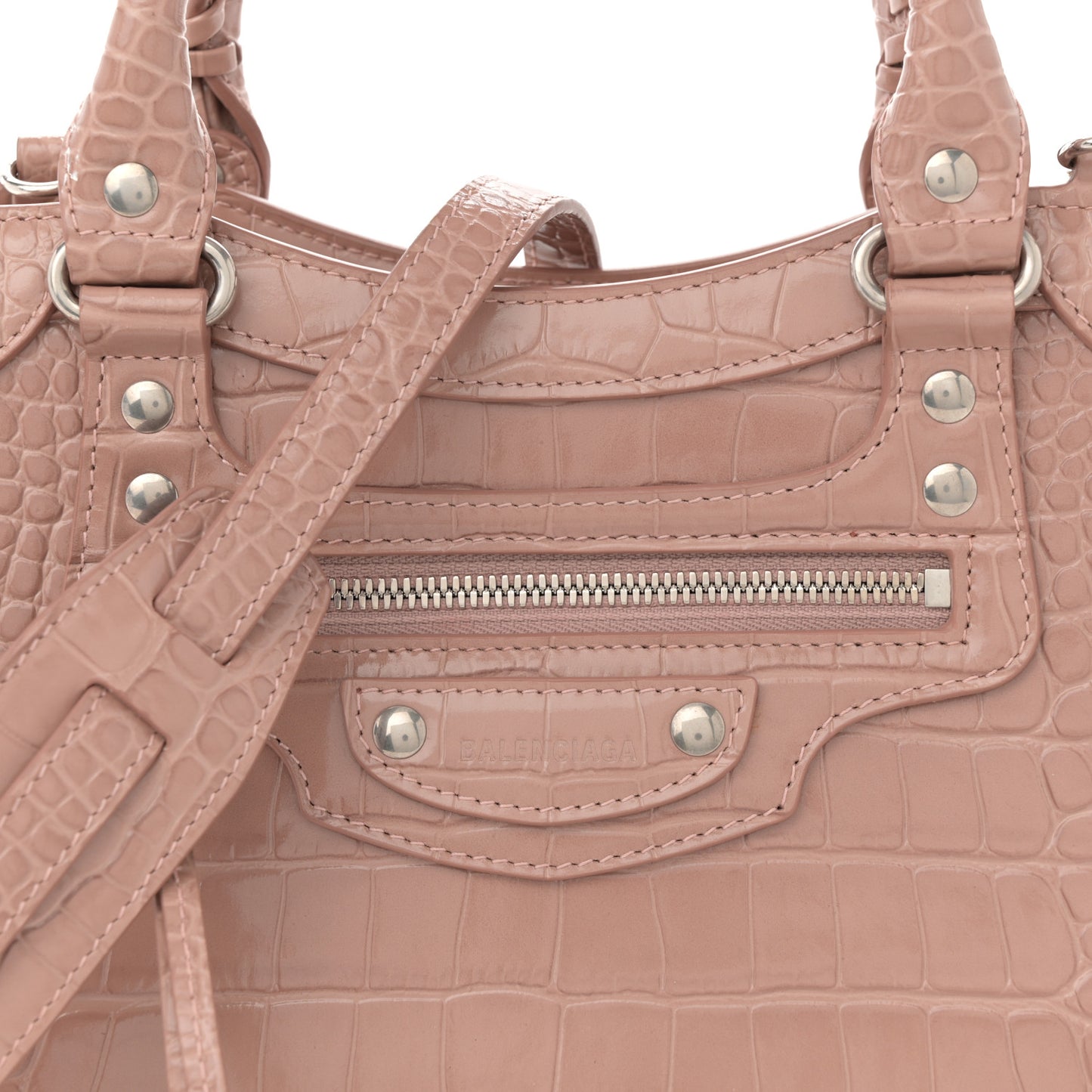 Shiny Supple Calfskin Crocodile Embossed Neo Classic Silver Hardware S City Nude Beige