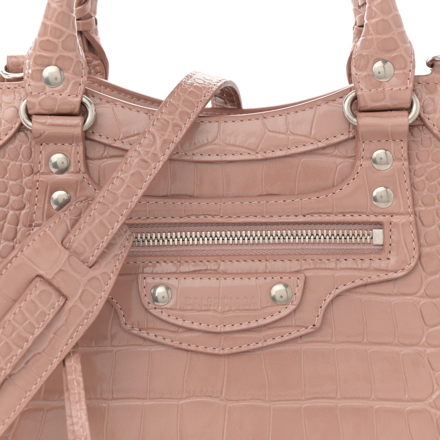 Balenciaga Shiny Supple Calfskin Crocodile Embossed Neo Classic Silver Hardware S City Nude Beige 8 of 13