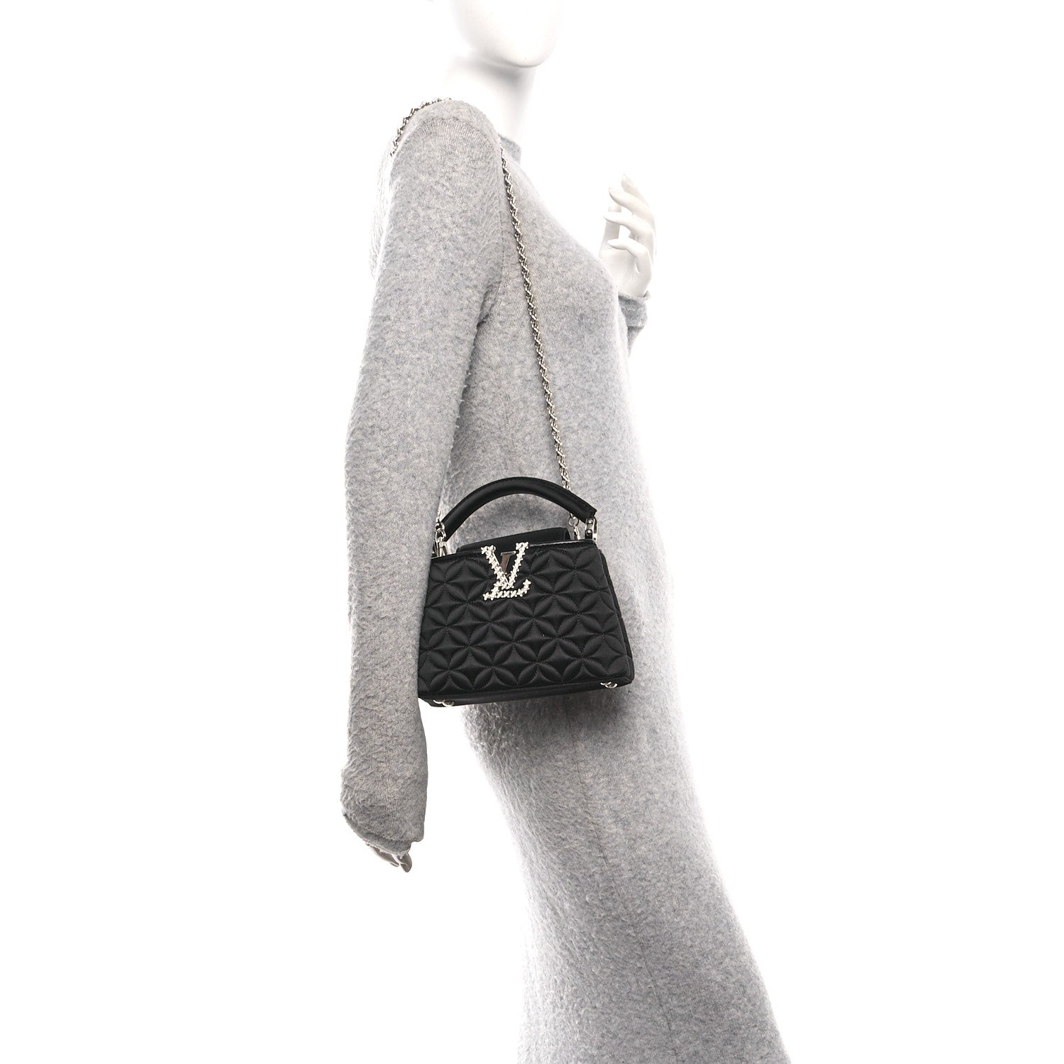 Louis Vuitton Satin Quilted Flower Crystal Mini Capucines Black