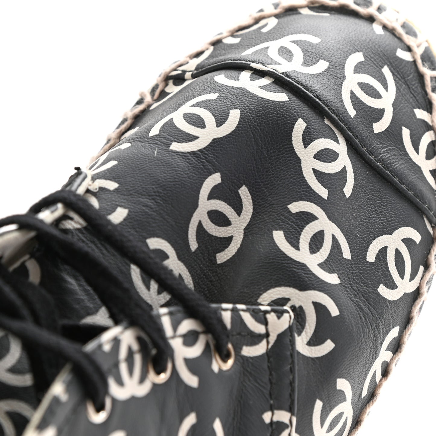 Lambskin Printed CC Lace Up Espadrilles 38 Black White