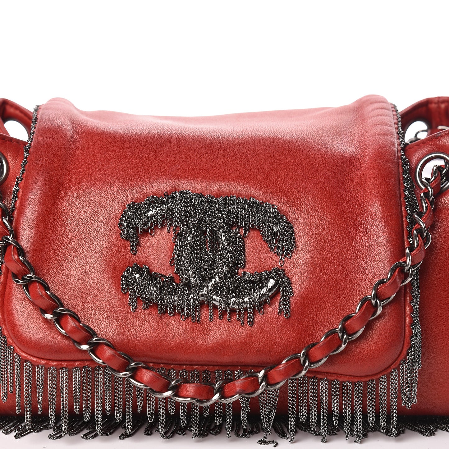 Lambskin Rock And Cabaret Chain Fringe Accordion Flap Red