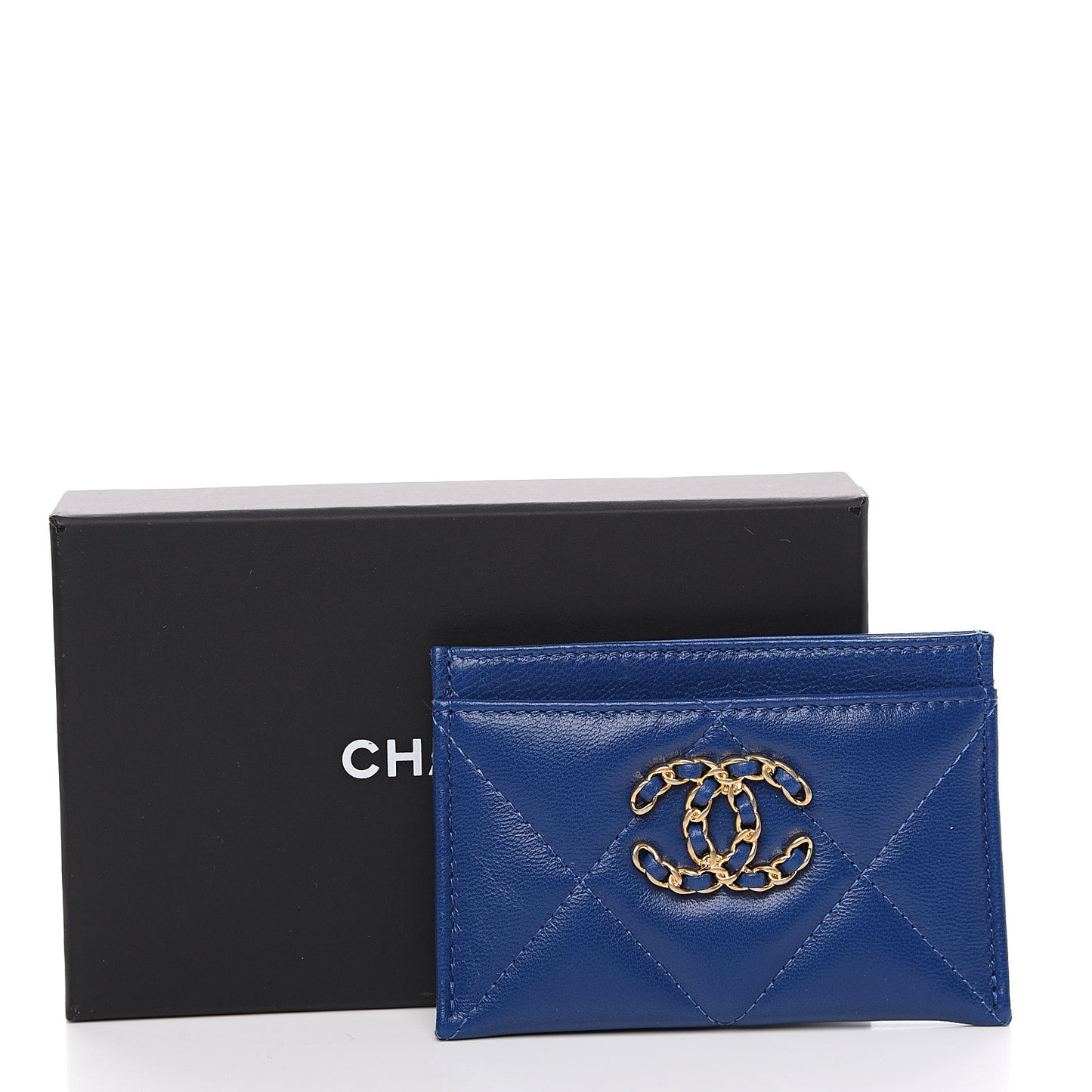 Shiny Goatskin Quilted Chanel 19 Card Holder Dark Blue