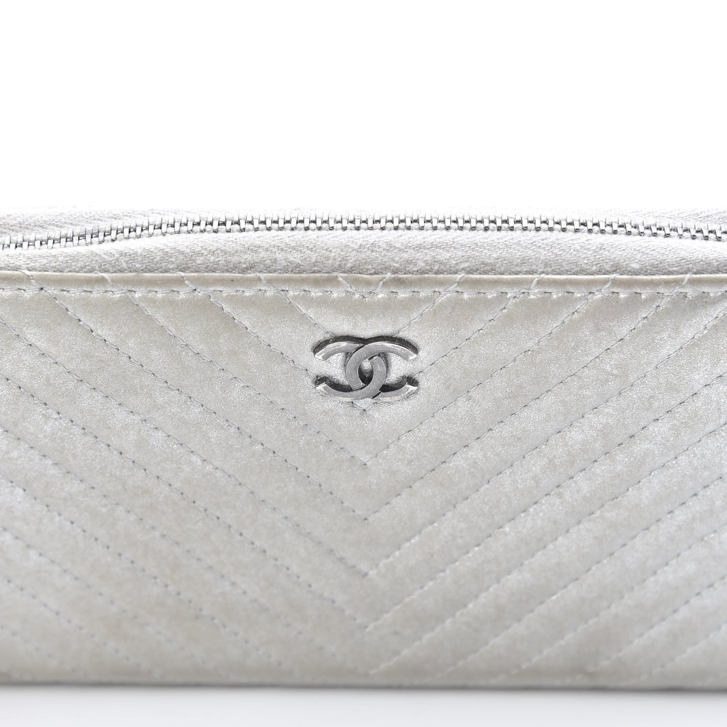 Metallic Lambskin Chevron Quilted Small Zip Around Wallet Silver