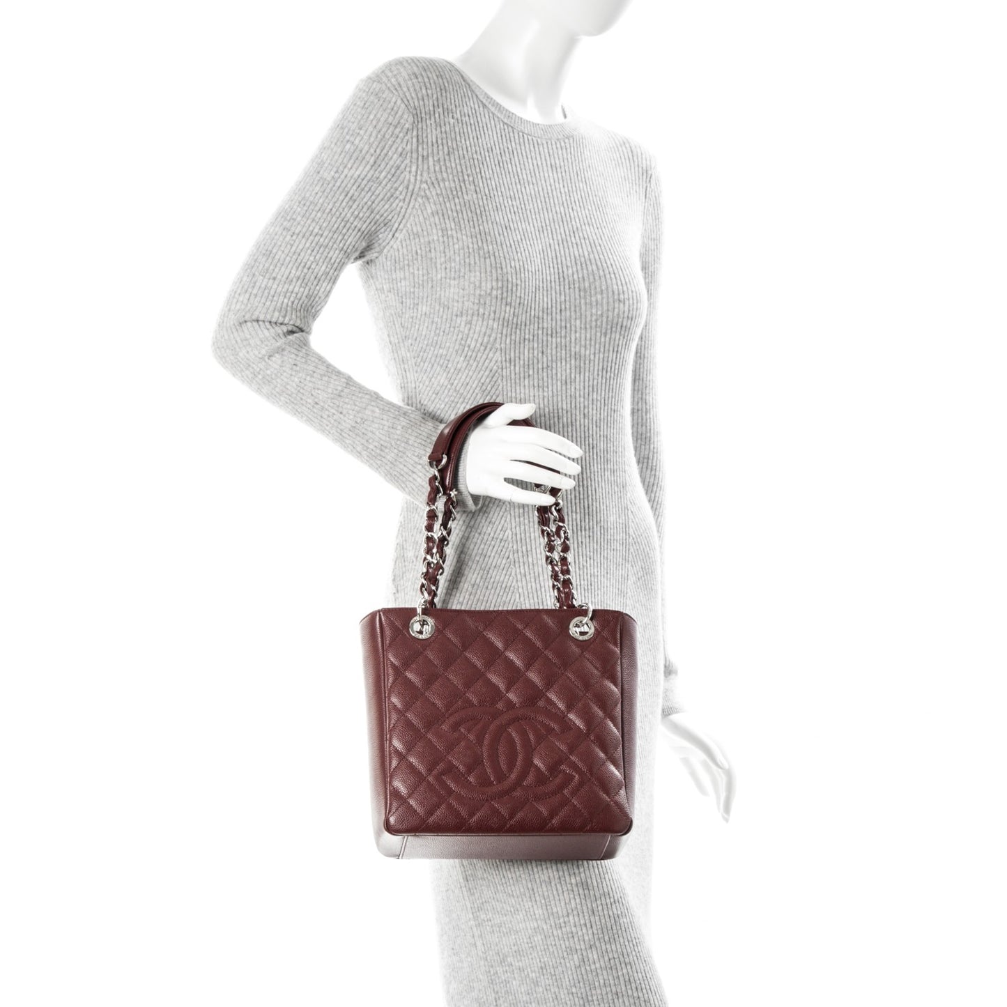 Caviar Quilted Petit Shopping Tote PST Burgundy