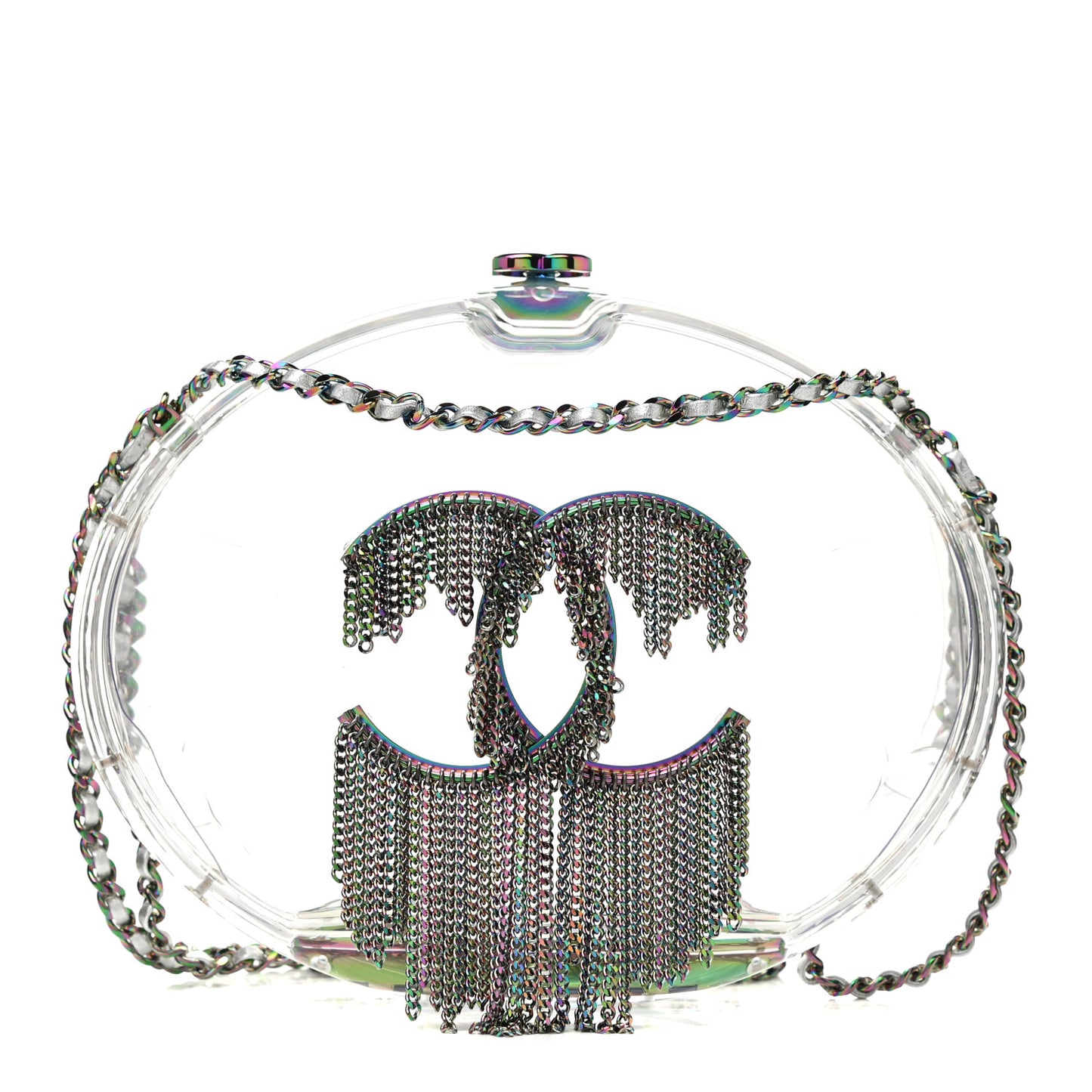 Plexiglass Iridescent Chain Fringe CC Clutch Clear