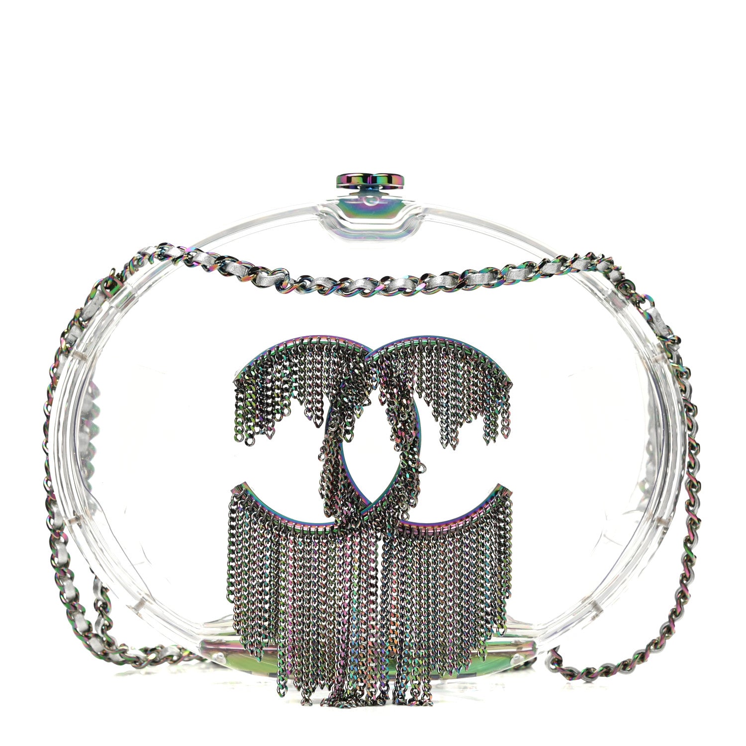 Chanel Plexiglass Iridescent Chain Fringe CC Clutch Clear 1 of 8