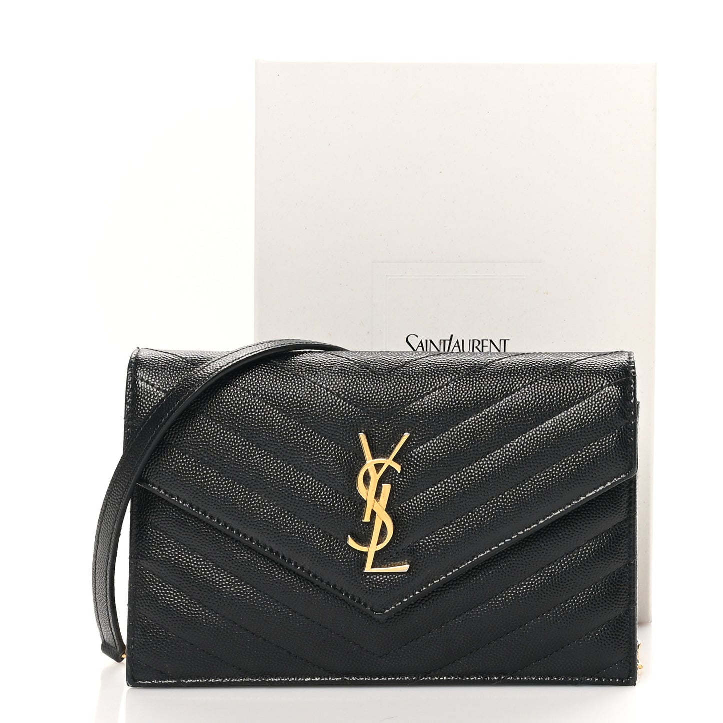 Grain De Poudre Matelasse Chevron Monogram Envelope Chain Wallet Black