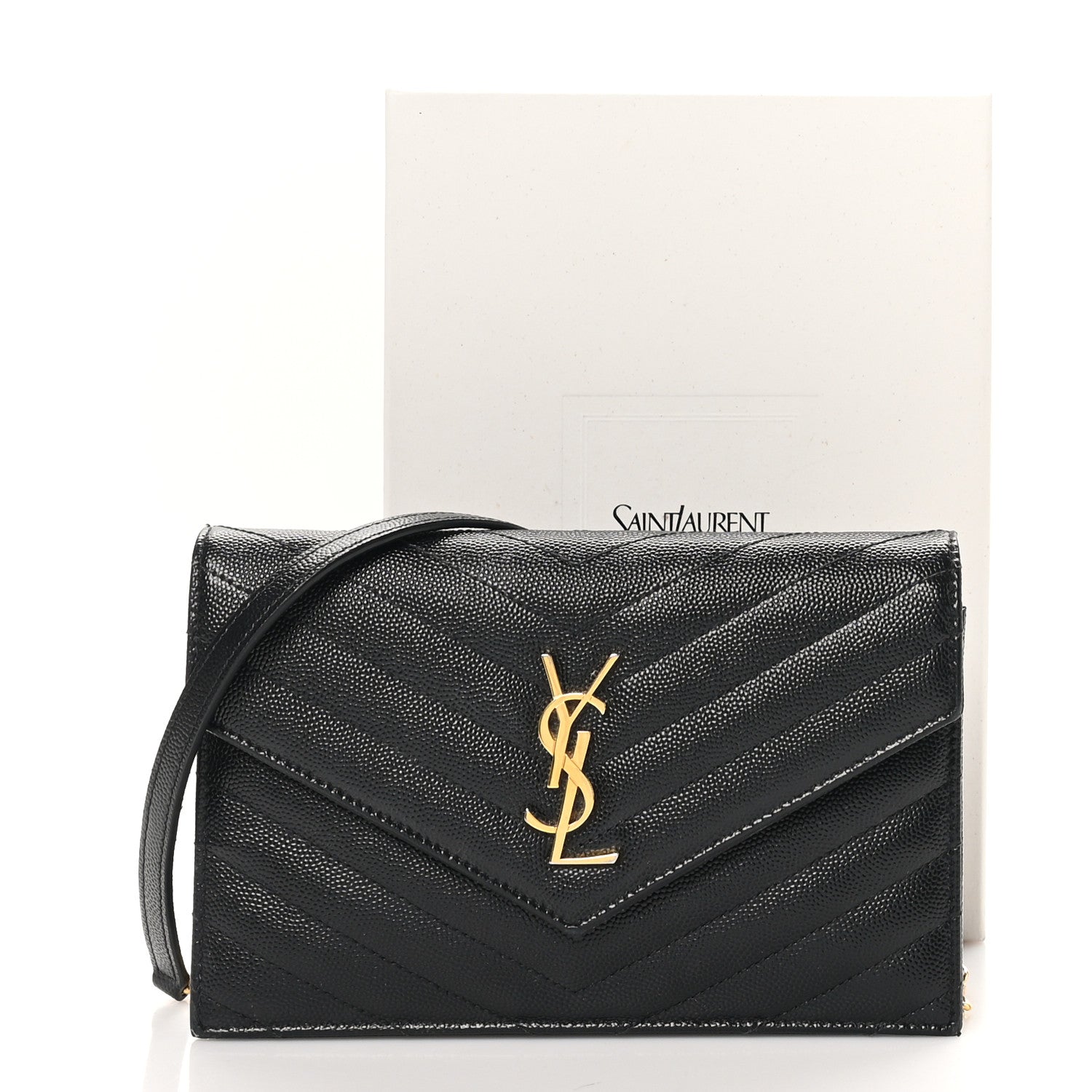 Saint Laurent Grain De Poudre Matelasse Chevron Monogram Envelope Chain Wallet Black 10 of 10
