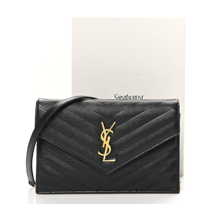 Saint Laurent Grain De Poudre Matelasse Chevron Monogram Envelope Chain Wallet Black 10 of 10