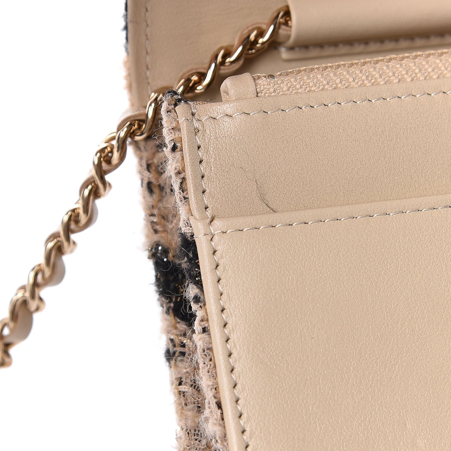 Tweed Shearling Quilted Wallet On Chain WOC and Coin Purse Beige Black