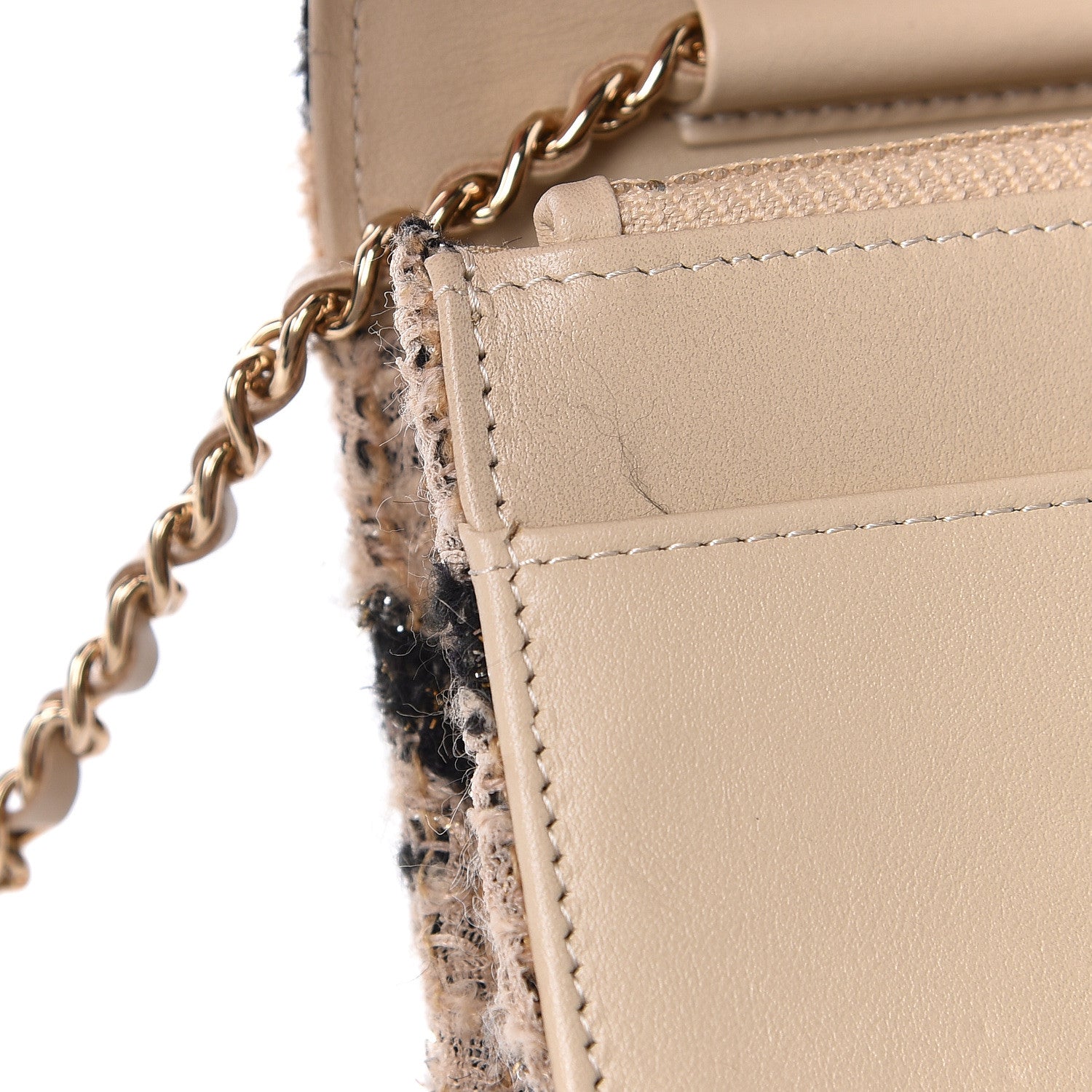 Chanel Tweed Shearling Quilted Wallet On Chain WOC and Coin Purse Beige Black 12 of 14