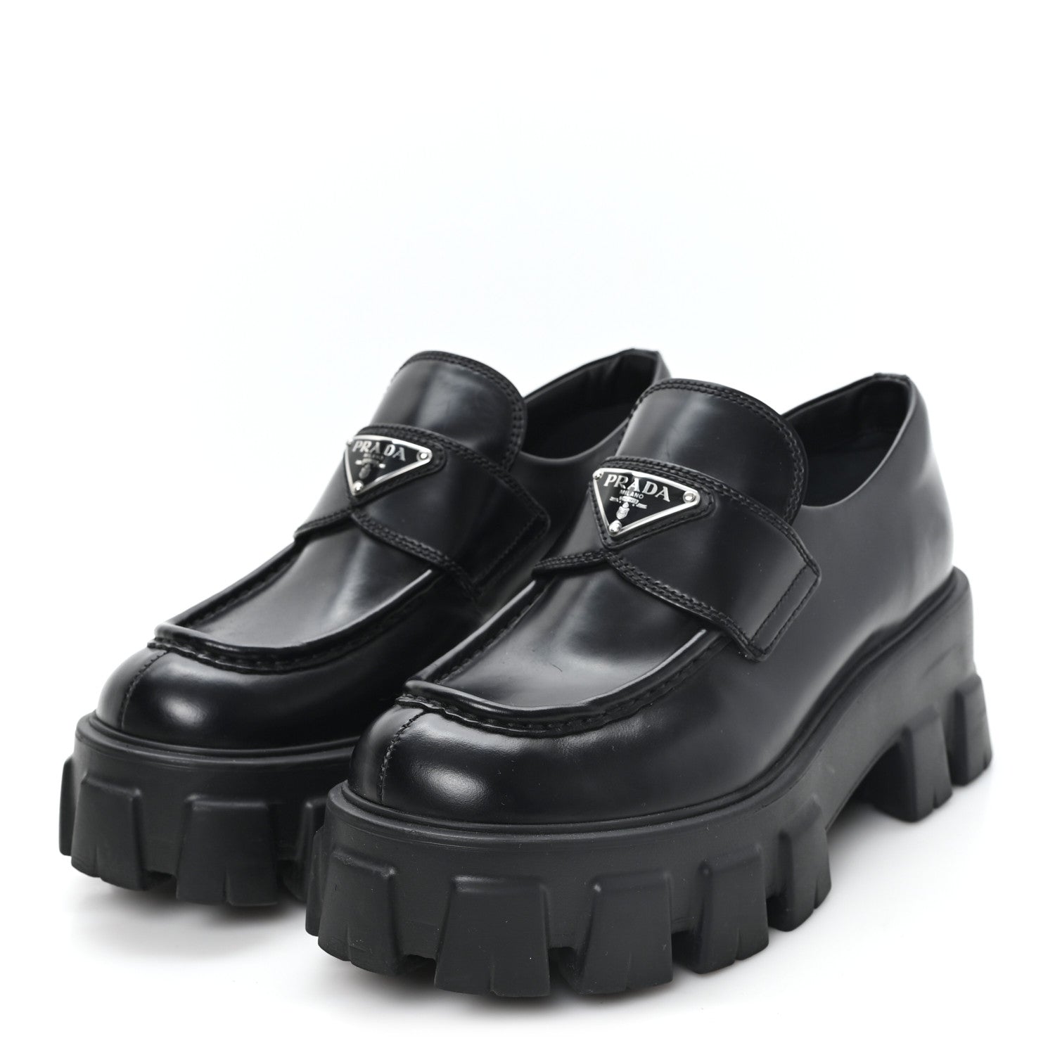 Prada Spazzolato Rois Metal Triangle Logo Monolith 55mm Loafers 36.5 Black 4 of 9