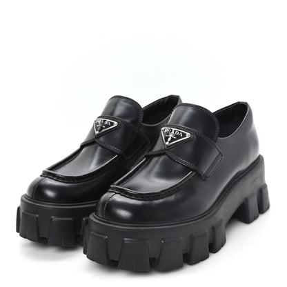 Prada Spazzolato Rois Metal Triangle Logo Monolith 55mm Loafers 36.5 Black 4 of 9