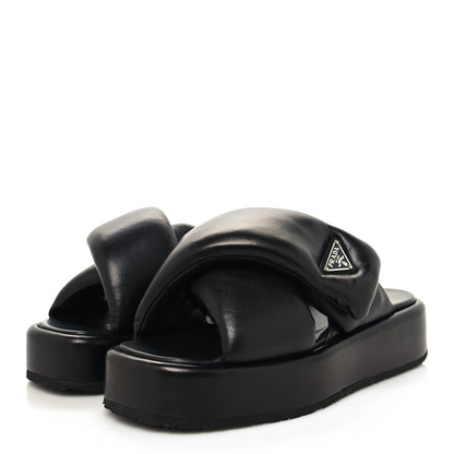Prada Nappa Soft Metal Triangle Logo Padded Slingback Wedge Sandals 38.5 Black 3 of 8