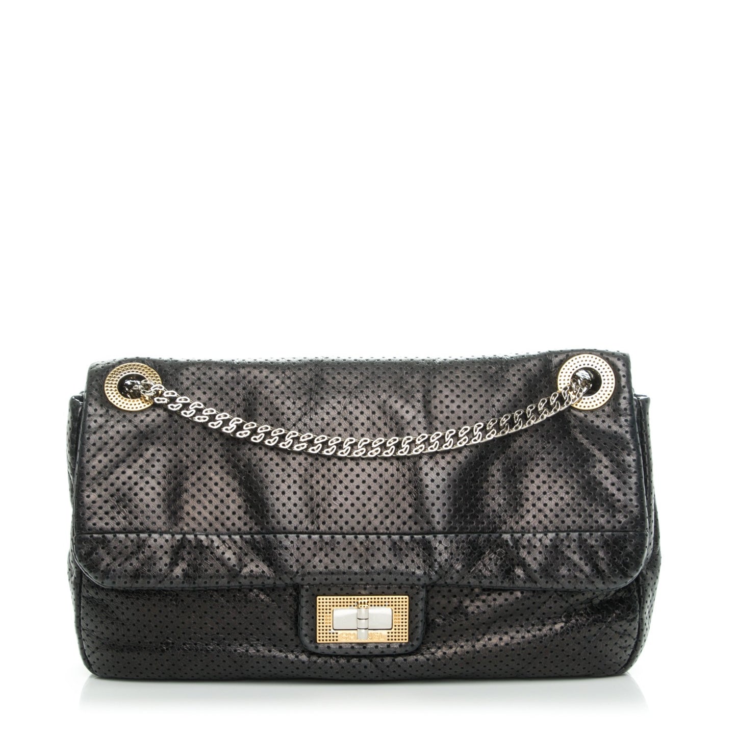 Metallic Crackled Calfskin Large Perforated Drill Flap Black
