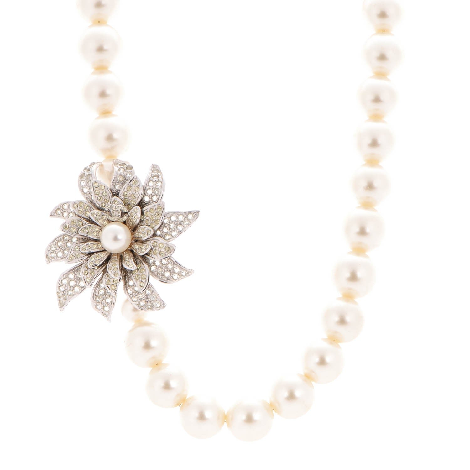 Chanel Crystal Pearl Flower CC Necklace Silver 1 of 4