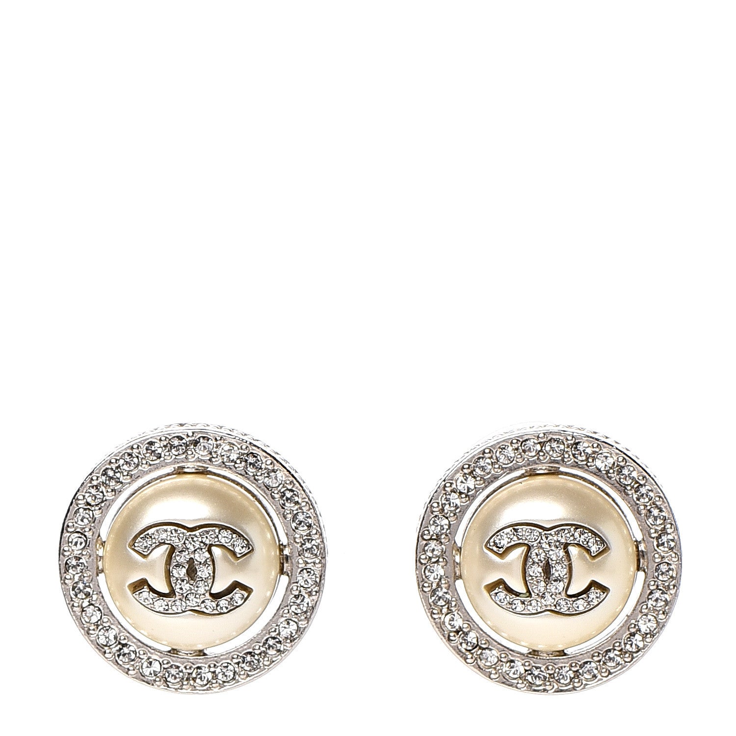 Chanel Pearl Crystal CC Round Earrings Silver 1 of 5