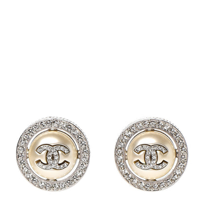 Chanel Pearl Crystal CC Round Earrings Silver 1 of 5