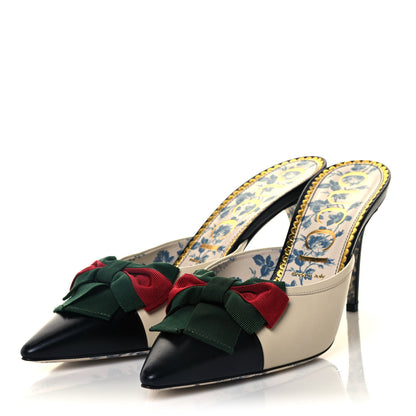 Gucci Malaga Kid Web Bow Mid Heel Mules 42 Black Vintage White 3 of 11