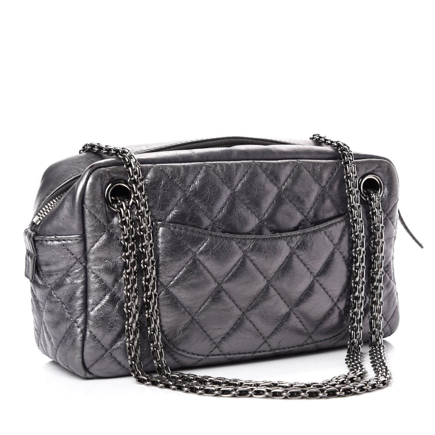 Metallic Aged Calfskin Quilted Medium Reissue Camera Case Dark Silver