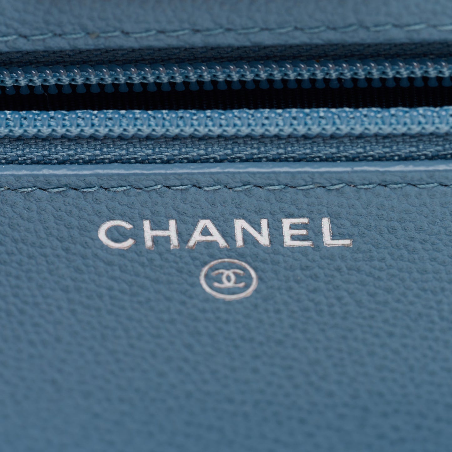 Grained Calfskin Quilted CC Box Wallet On Chain WOC Blue