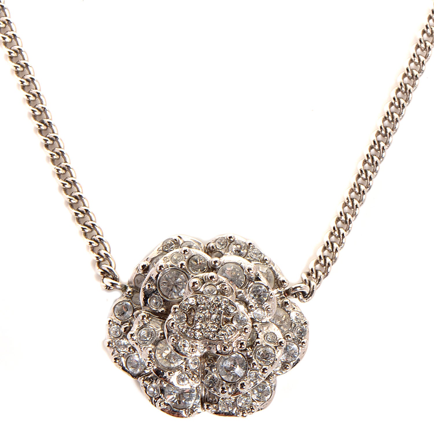 Chanel Crystal Camellia CC Necklace Silver 1 of 7