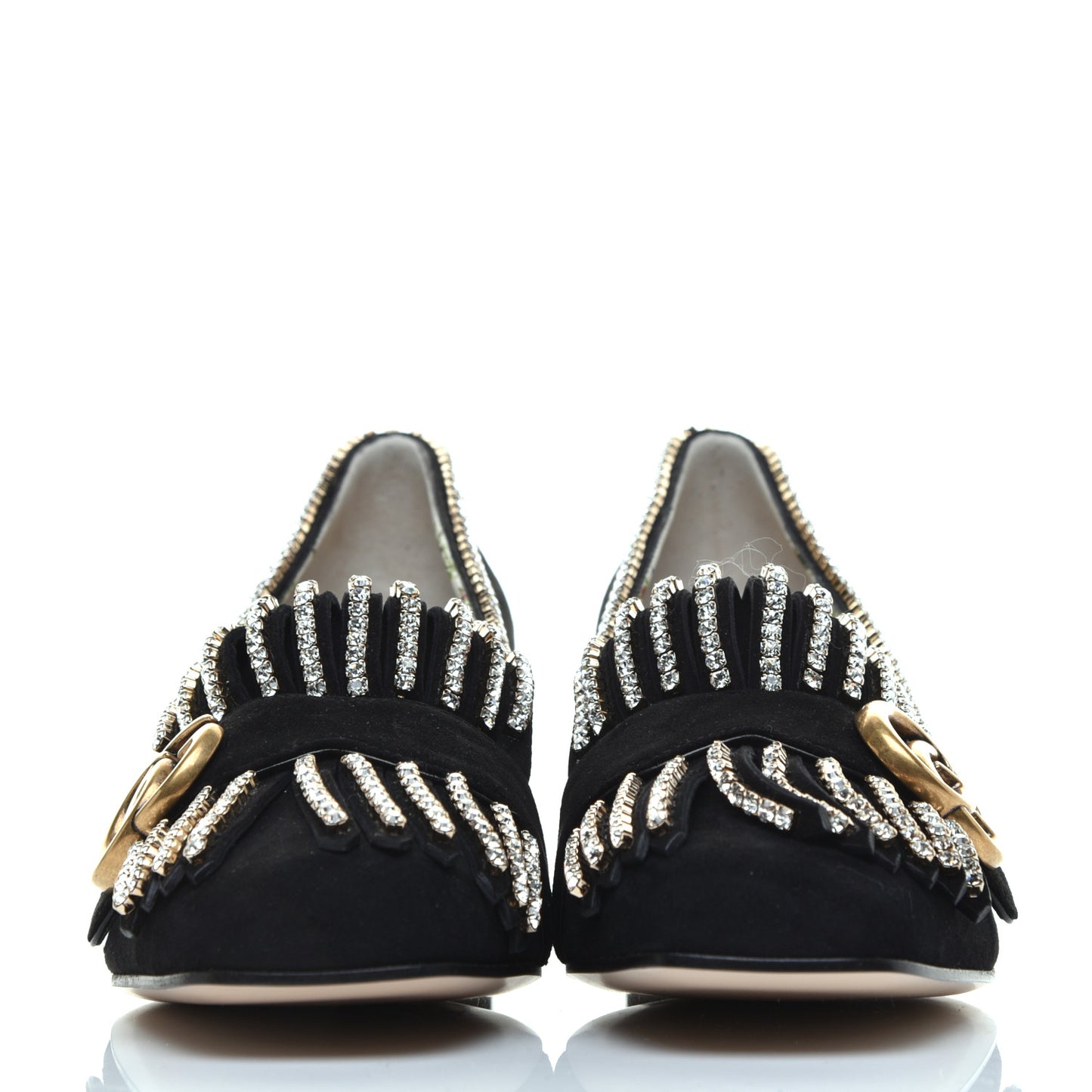Kid Scamosciato Crystal GG Marmont Fringe 50mm Loafer Pumps 37 Black