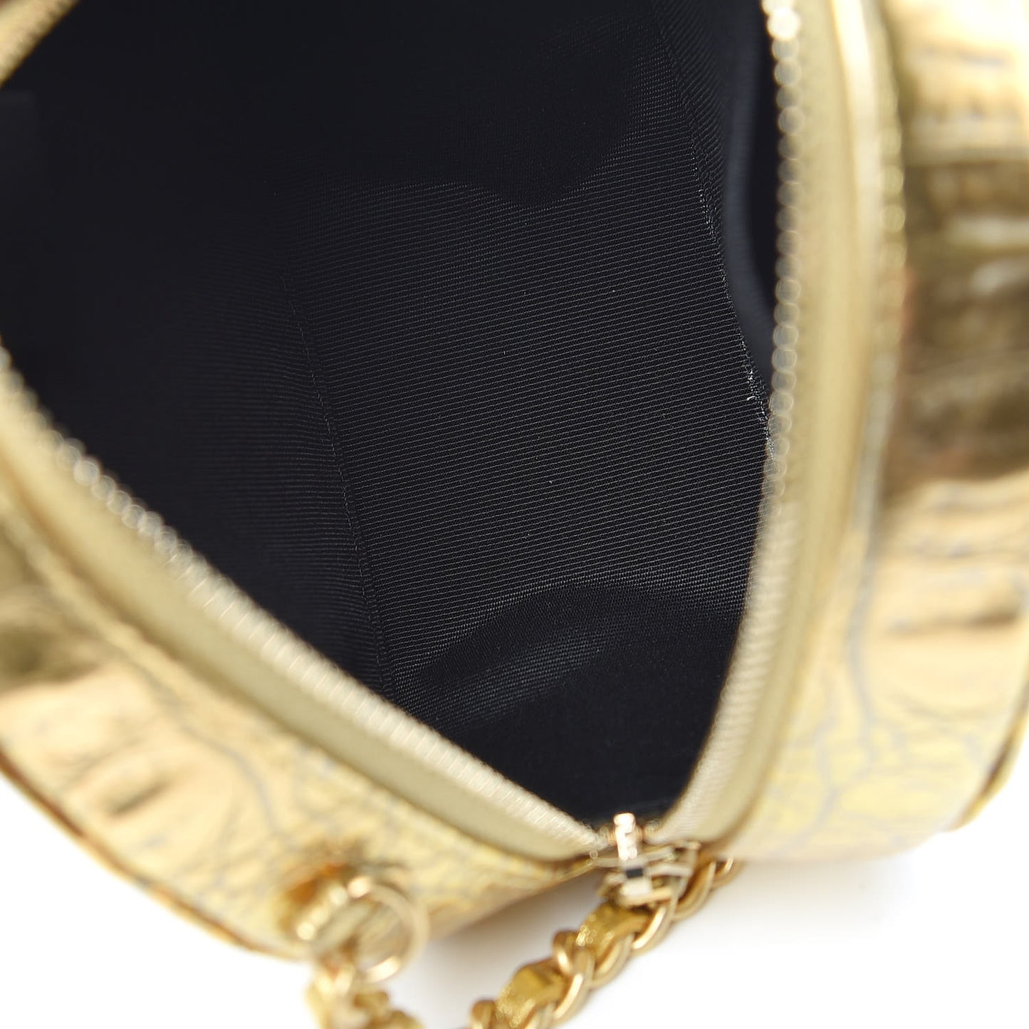 Metallic Calfskin Crocodile Embossed Cocodile Round Clutch with Chain Gold