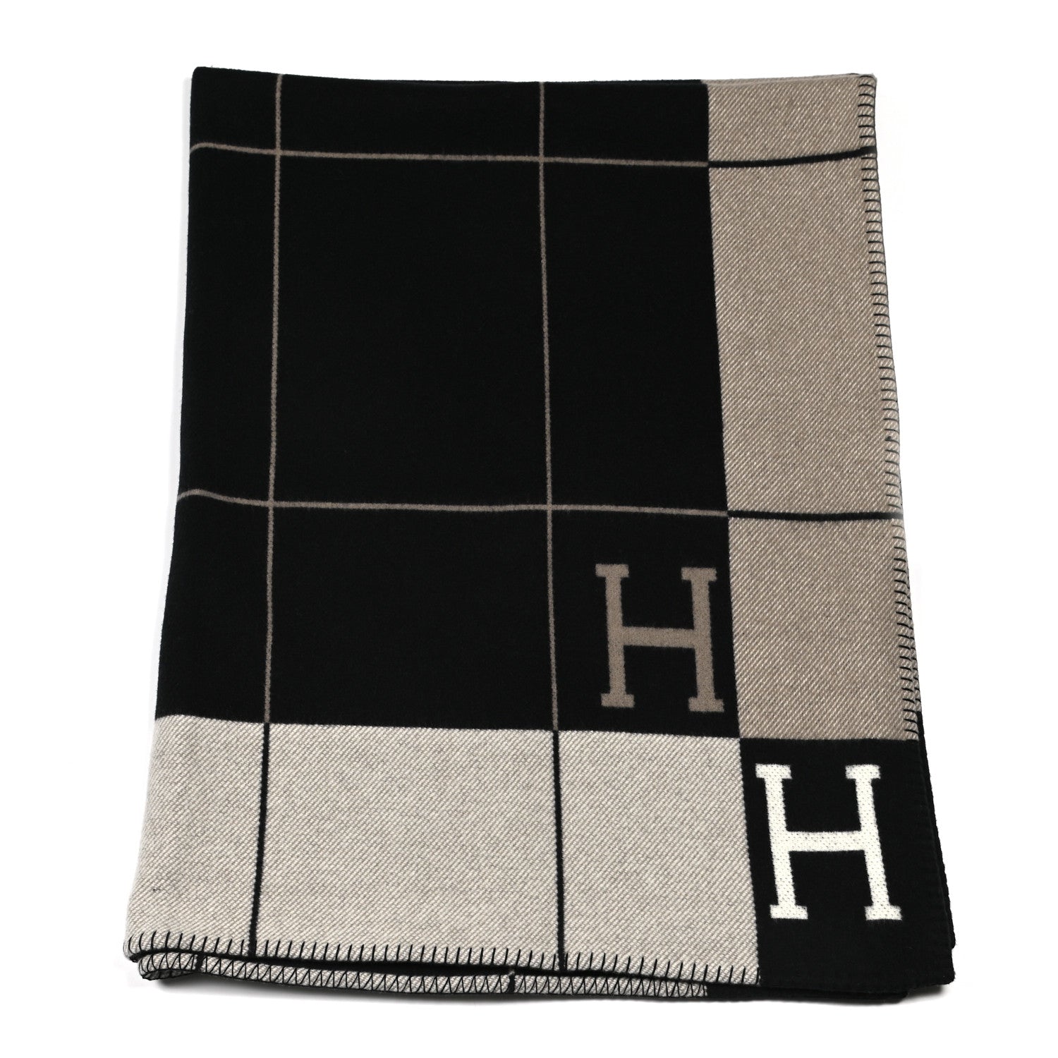 Hermes Wool Cashmere Avalon III Blanket Ecru Black 1 of 3