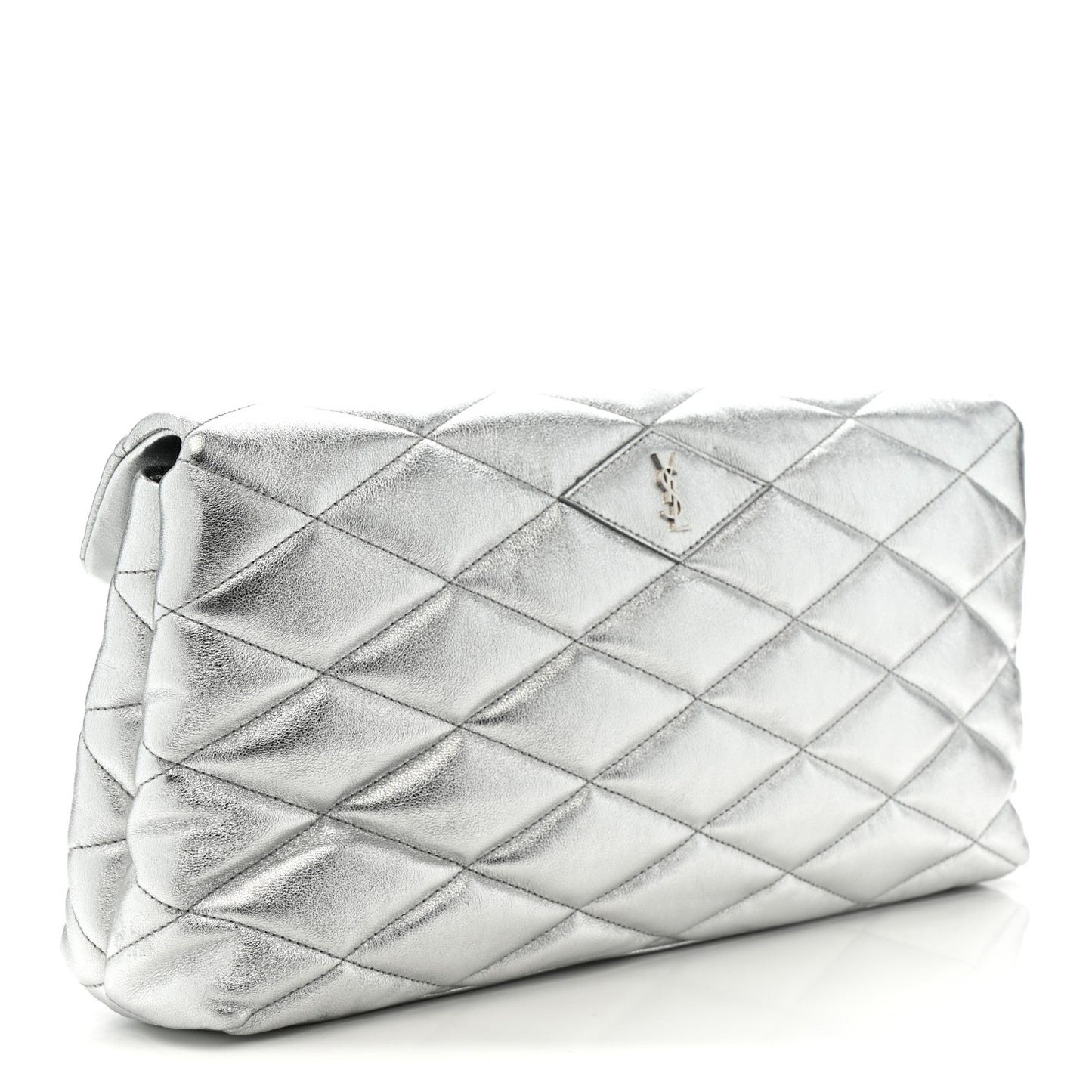 Metallic Lambskin Quilted Sade Puffer Envelope Clutch Argento