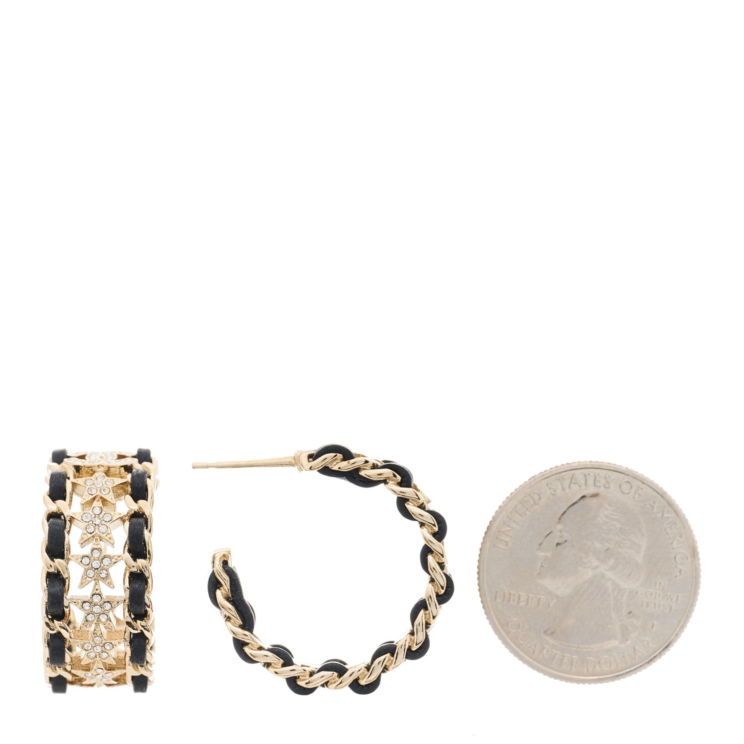 Chanel Lambskin Crystal Star Chain Hoop Earrings Gold Black 2 of 5