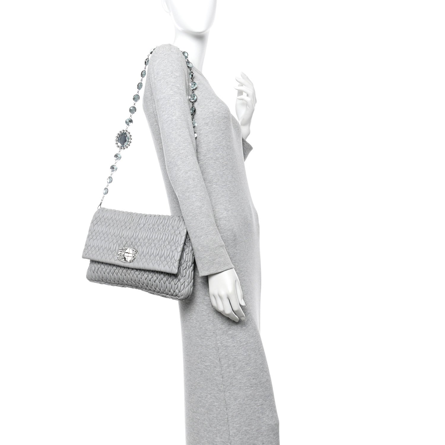 Miu Miu Nappa Matelasse Crystal Flap Clutch Grey 2 of 9