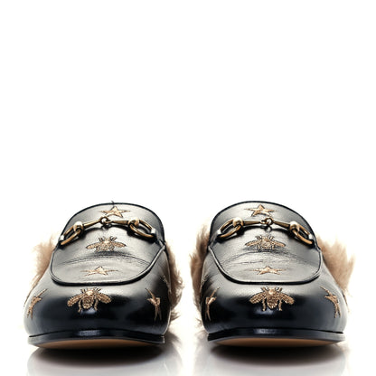 Gucci Goatskin Fur Bee Star Embroidered Womens Princetown Slippers 37 Black 3 of 9